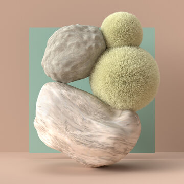 Balancing sculpture composition of stone and spheres