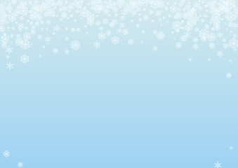 Fototapeta na wymiar Light Snow Background Vector Blue. Confetti Magical Card. Grey Flake Freeze Texture. Drawn Snowflake Pattern.