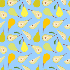 Fruit seamless pattern tropical pear on blue background