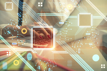 Multi exposure of woman hands working on computer and data theme hologram drawing. Tech concept.