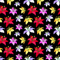 Lily flower floral seamless pattern on black background
