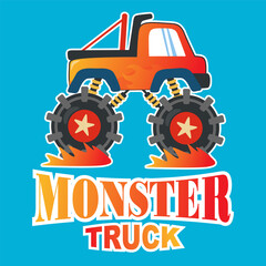 Vector illustration of monster truck with cartoon style. Can be used for t-shirt print, kids wear fashion design, invitation card. fabric, textile, nursery wallpaper, poster and other decoration. © Hijaznahwani