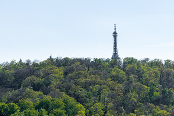Fototapeta premium hot of Petrin hill and Petrin Tower taken from Prague castle
