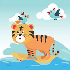 Surfing time with cute tiger at summer. Can be used for t-shirt printing, children wear fashion designs, baby shower invitation cards and other decoration.