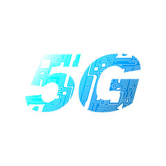 5G mobile networking from circuit board on white background.