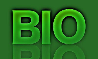 Word BIO written in bright green and with its reflection