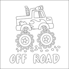 Vector illustration of monster truck with cartoon style. Childish design for kids activity colouring book or page.