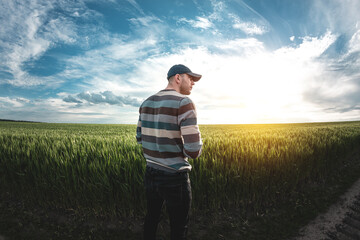 A young agronomist holds a folder in his hands on a green wheat field. A farmer makes notes on the background of agricultural land during sunset. Man in a cap with a folder of documents