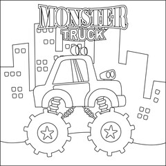 Vector illustration of monster truck with cartoon style. Childish design for kids activity colouring book or page. © Hijaznahwani