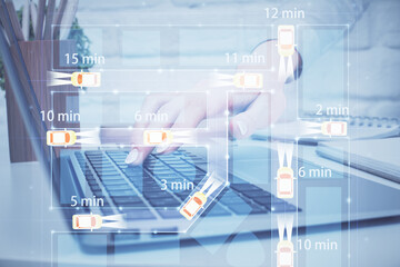 Double exposure of woman hands typing on computer and automobile theme drawing. High Tech concept.