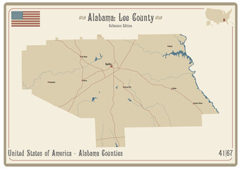 Map on an old playing card of Lee county in Alabama, USA.