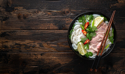 Traditional vietnamese soup Pho Bo with beef and noodles on wooden background, top view, copy space