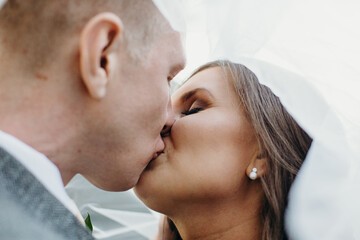 Romantic Wedding Couple Kissing under Veil