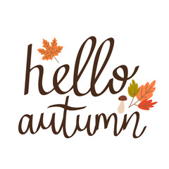 calligraphic hand lettering Hello autumn with autumn maple leaves and mushroom.
