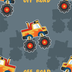 Seamless pattern vector of monster truck with cartoon style. For fabric textile, nursery, baby clothes, background, textile, wrapping paper and other decoration. © Hijaznahwani