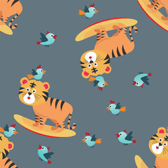 Surfing time with cute little tiger at summer. Seamless pattern texture for fabric textile, nursery, baby clothes, background, textile, wrapping paper and other decoration.