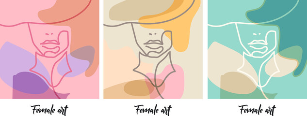 Minimalistic modern art drawings. Beautiful abstract female face art. Attractive young woman portraits. Line drawings. Pastel colors. Vector set of design templates and illustrations.