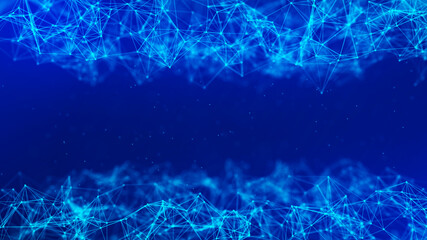 Digital technology background. Abstract dynamic wave of connected dots and lines on dark background. Wave of bright particles. Big data. 3d rendering.