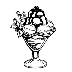 Ice cream in a glass with berries, chocolate, glaze, mint. Vector image on transparent background