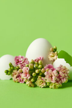 Closeup of Easter eggs with blooming flowers