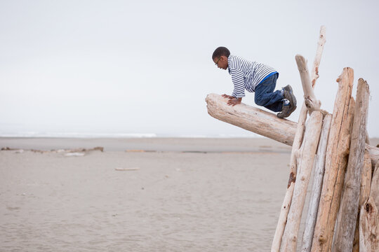 Black boy peers over edge of driftwood log
