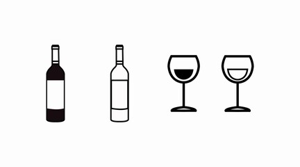 Wince Icon Set. Vector black and white flat illustration s of red and white wine bottles and cups