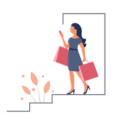 A beautiful girl goes shopping and talks on the phone. In the hands of the packages. Vector isolated flat illustration