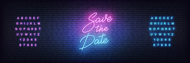 Save the Date neon template. Glowing neon lettering Wedding romantic theme sign