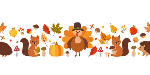 Thanksgiving seamless pattern border. Fall leaves, squirrel, hedgehog, acorns, berries, turkey in a hat, pumpkin, apples, pears, porcini mushroom.