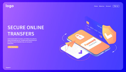 Secure online transfers. Online bank account. Data protection. Isometric. Database with cloud server, Data set, process, classification, database. Web banner. Landing page.