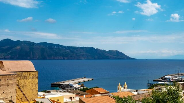 Lipari Island seen from Salina, Sea and Clouds Time Lapse, 4k
