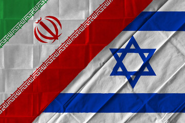 Concept of the relationship between Iran and Israel  with two flags over each other