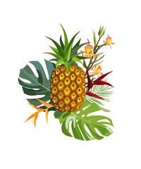 Tropical summer fruit bouquet with pineapple, palm monstera leaves and exotic flowers. Vector illustration.