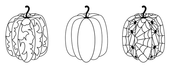 Set black and white pumpkins Halloween. Contoured pumpkins with abstract pattern, with spiders and cobwebs, simple. Vector illustration in a simple outline style for Halloween holiday, decoration.