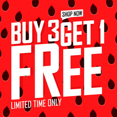 Buy 3 Get 1 Free. Summer Sale poster design template, spend up and save more, vector illustration