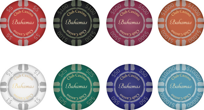 Vector illustration of colorful casino chips with casino name and dollar denomination