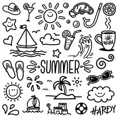 Vacation doodle. Hand drawn summer icon set. Cute cartoon drawing. Coloring page. Vector print illustration