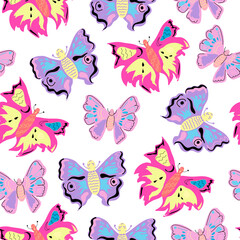 Fototapeta na wymiar Seamless pattern with butterflies in different shades of pink and purple.
