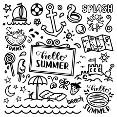 Vacation doodle. Hand drawn summer icon set. Cute cartoon drawing. Coloring page. Vector print illustration