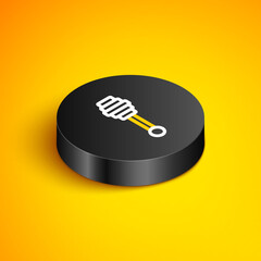 Isometric line Honey dipper stick icon isolated on yellow background. Honey ladle. Black circle button. Vector