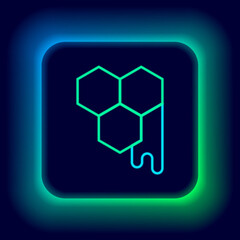 Glowing neon line Honeycomb icon isolated on black background. Honey cells symbol. Sweet natural food. Colorful outline concept. Vector