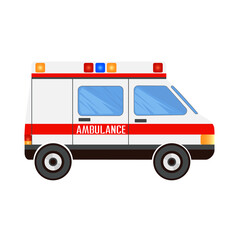 Ambulance side view. Vector illustration of an ambulance car in cartoon style on a white background.