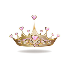 Princess crown or tiara with pearls and pink gems in the shape of a heart vector illustration isolated on white background. © liana2012