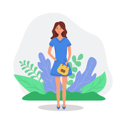 Fototapeta na wymiar A young fashionable girl stands with nature and abstract leaves. Fashion style concept, vector cartoon character illustration.