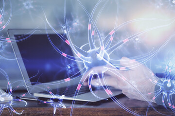 Double exposure of man's hands holding and using a phone and neuron drawing. Education concept.