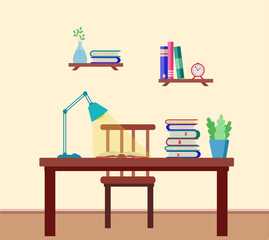 Interior of the room with a desk, books, a lamp, shelves on the wall with textbooks, a clock. Vector illustration of the concept of education, teaching school assignments.