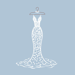 A beautiful lace dress hangs on a hanger for a wedding, evening or prom. Beauty and fashion. Background vector illustration template for invitation, flyer or card.