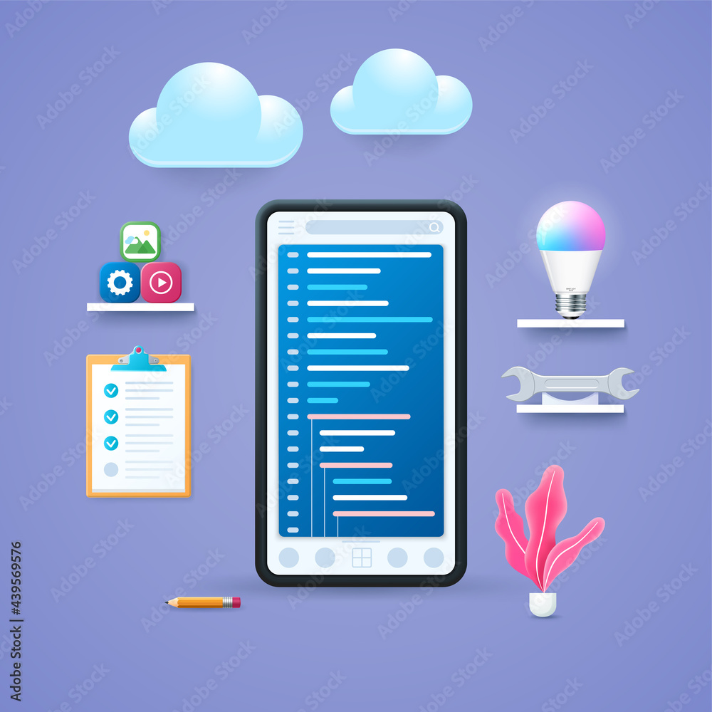 Poster mobile application development concept. mobile smart phone with open diagram pages on screen. progra