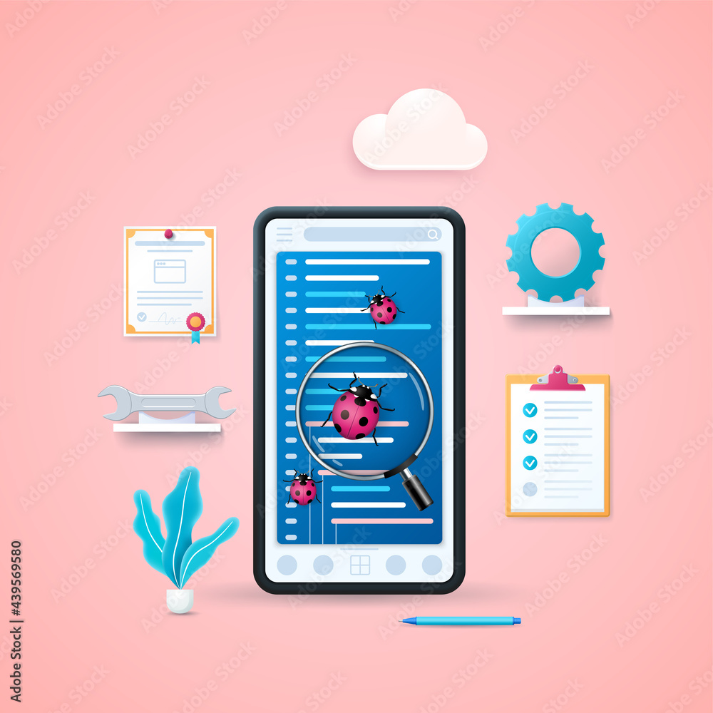 Poster mobile application testing concept. mobile smart phone with open diagram pages and magnifying glass 