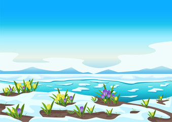 Fototapeta na wymiar Spring landscape with river, mountains, forest, fields, melting snow and crocus. Beautiful spring background illustration. Vector